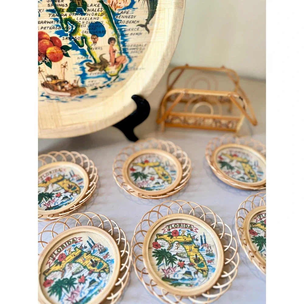 Vintage Florida Map Bamboo Tray and Coasters Set | Mid Century Souvenir
